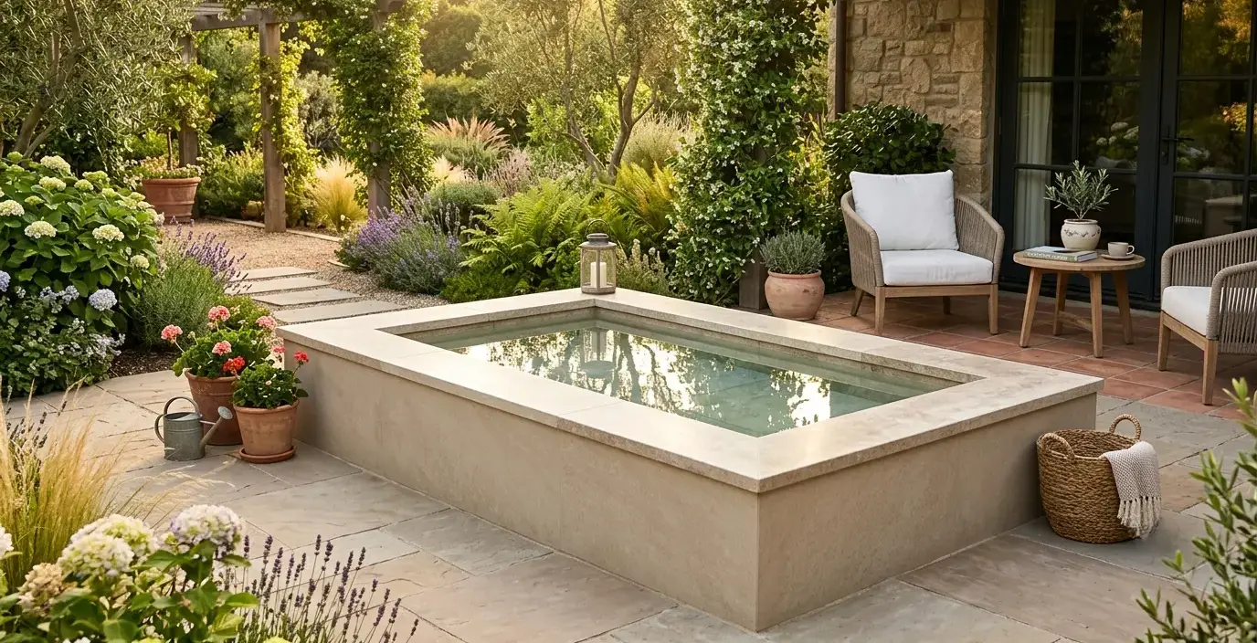 Conceptual rendering of a porcelain landscaping ideas basin surround with honed finish