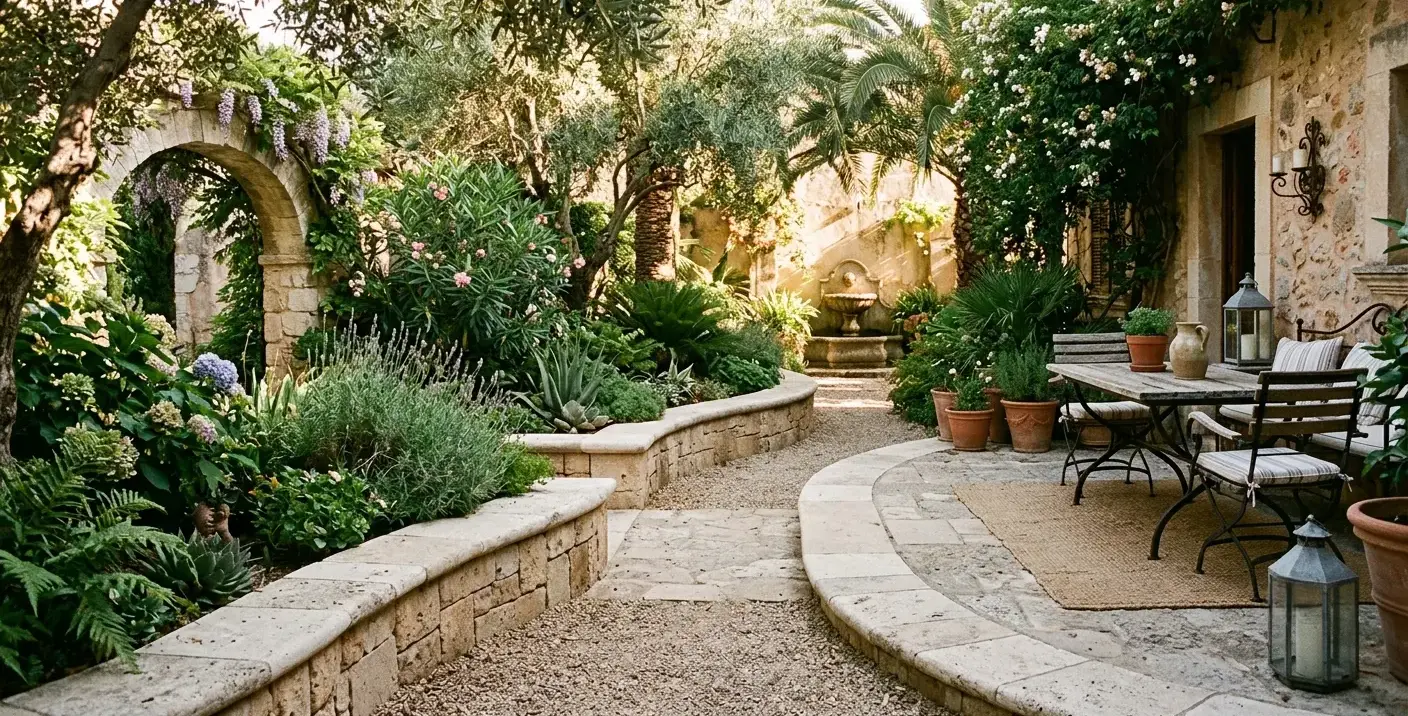 Conceptual rendering of a travertine Landscaping Ideas border accent in a shaded courtyard
