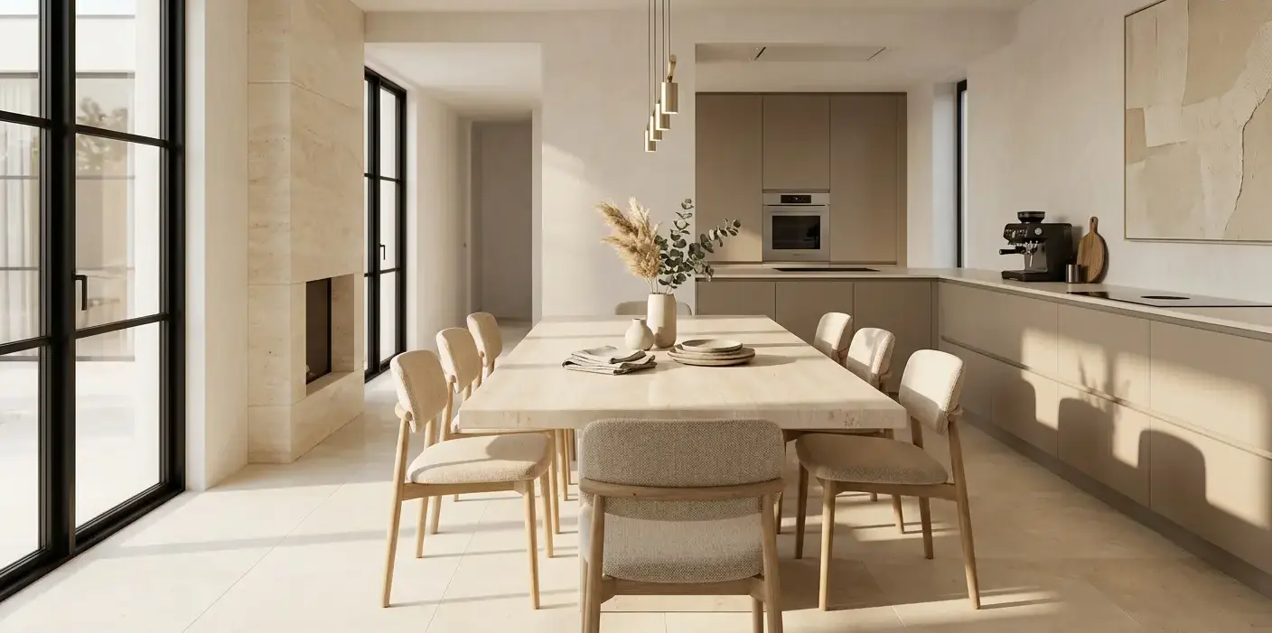 Conceptual rendering of a soft cream indoor stone colors dining room slab.