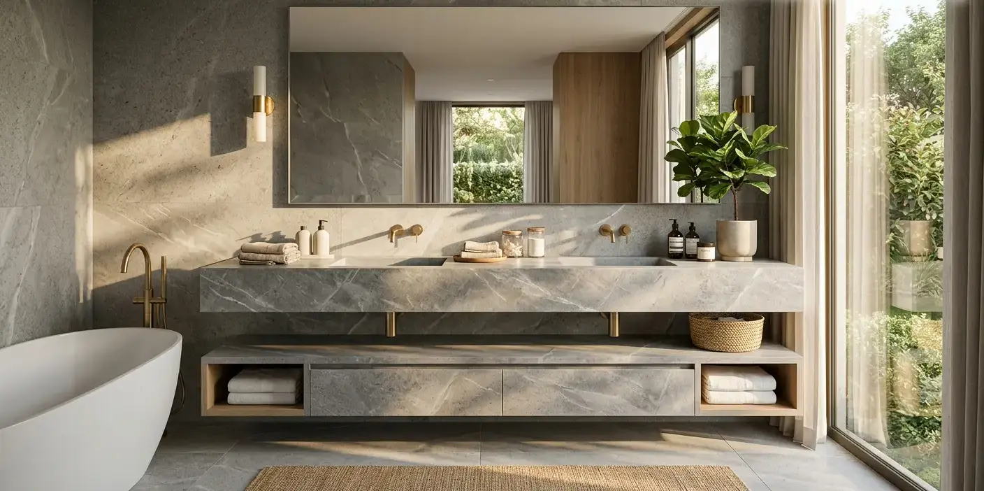 Conceptual rendering of a cool gray indoor stone colors bathroom vanity.