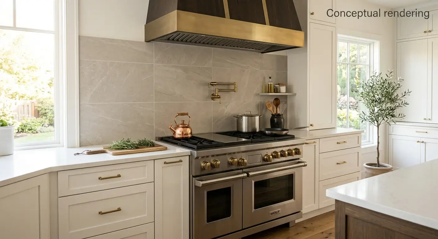 Conceptual rendering of large format porcelain tile in kitchen backsplash