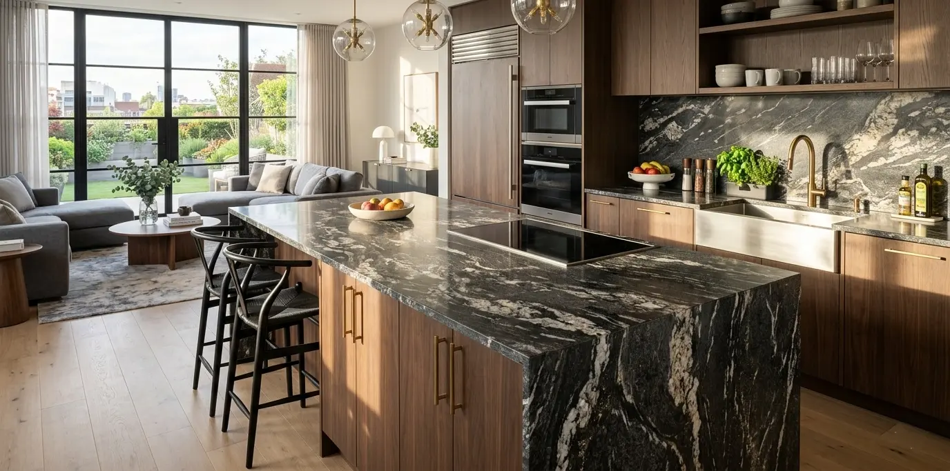 Conceptual rendering of titanium granite in kitchen countertop