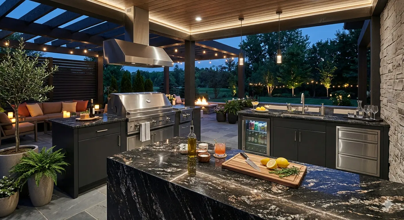 Conceptual rendering of titanium granite in outdoor kitchen