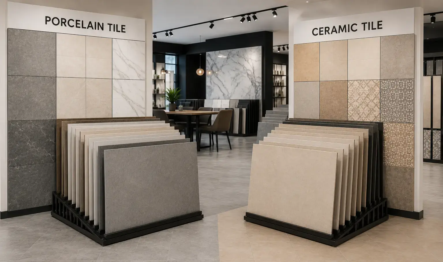 Conceptual rendering of showroom displaying porcelain and ceramic tile collections side by side