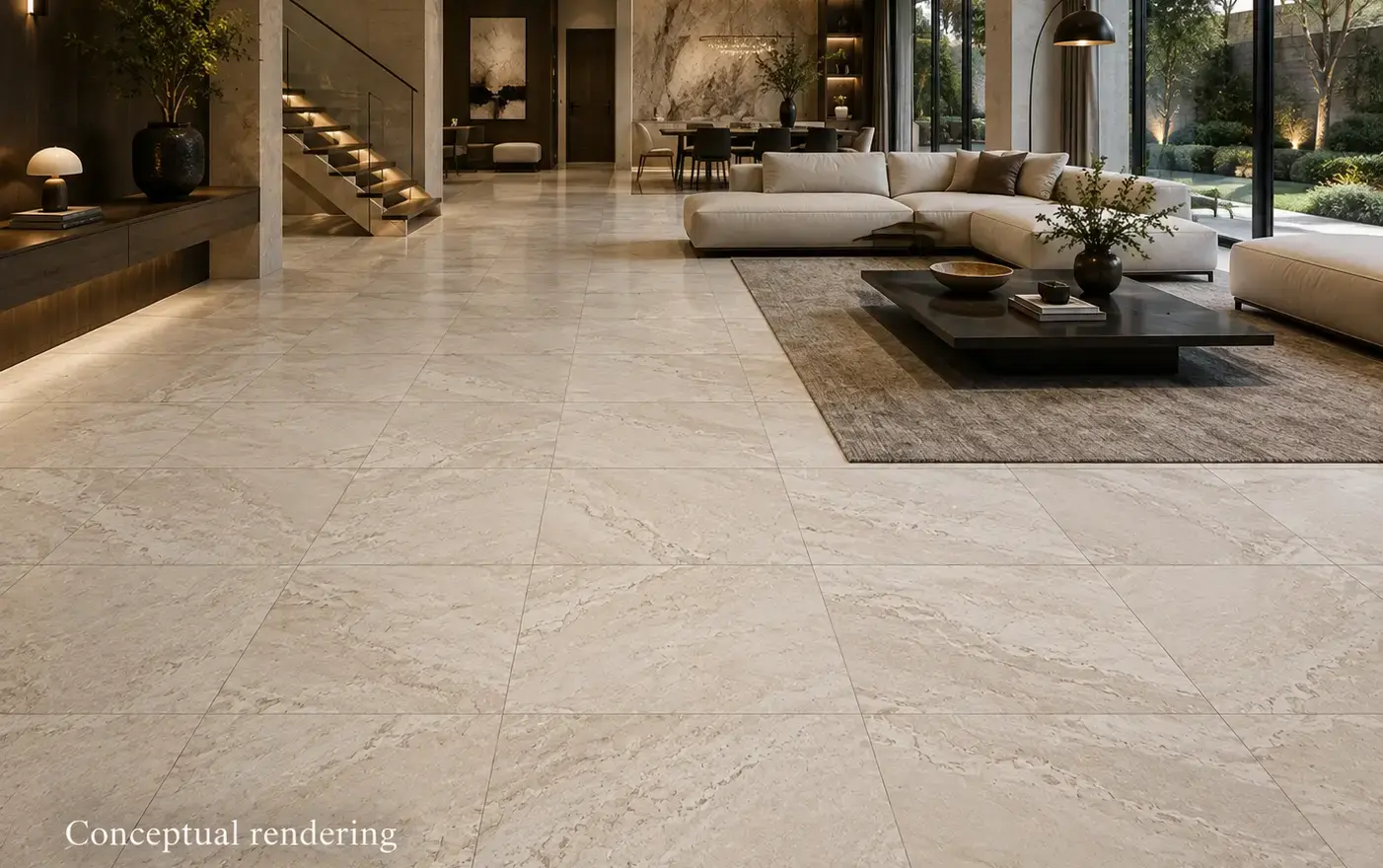 Conceptual rendering of luxury modern interior in Virginia City with ceramic tile flooring