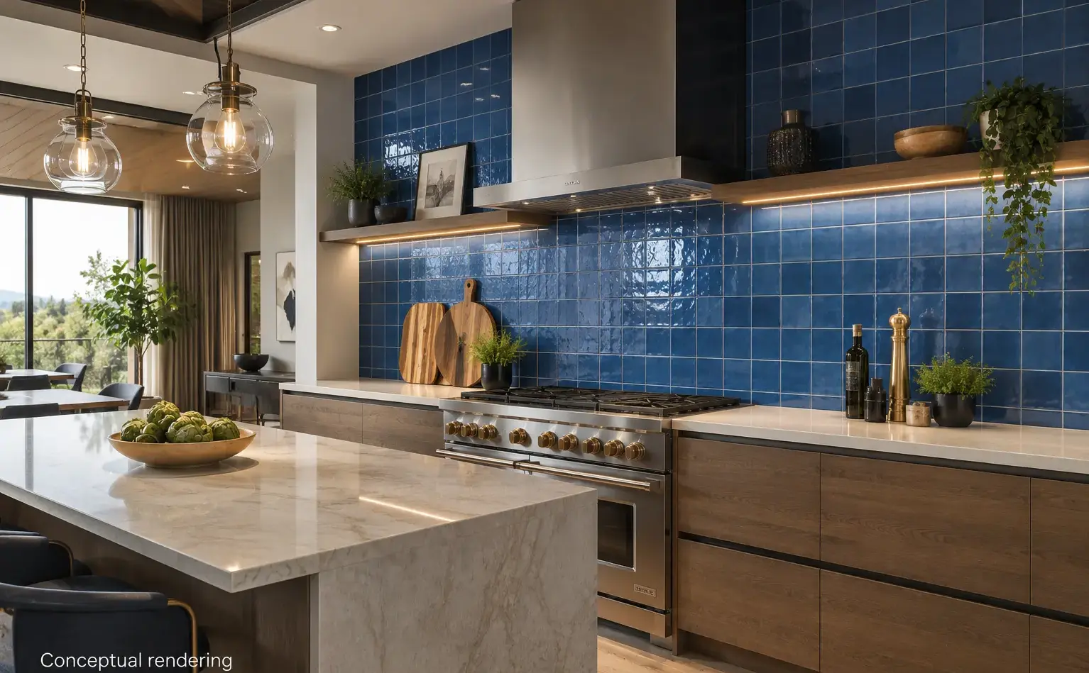 Conceptual rendering of modern kitchen with blue ceramic tile backsplash and marble island in Virginia City