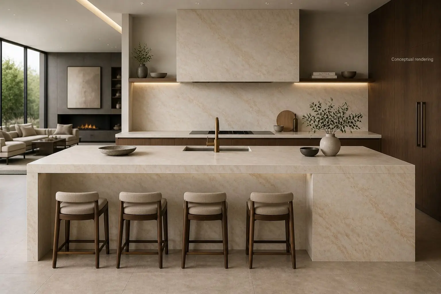 Conceptual rendering of matte travertine countertop in a modern luxury kitchen interior at South Lake Tahoe, CA