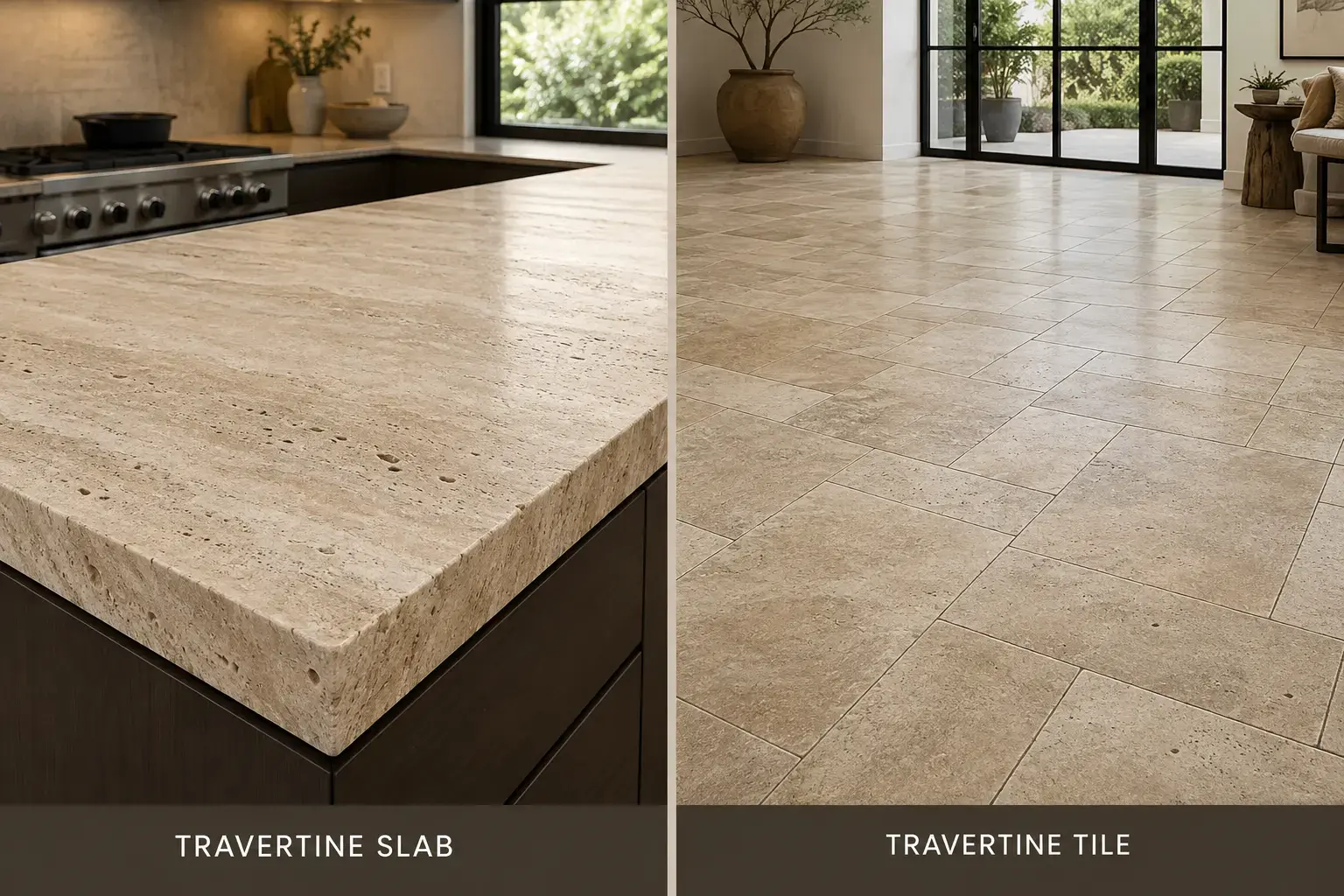 Conceptual rendering of travertine slab vs travertine tile side-by-side comparison in modern interiors