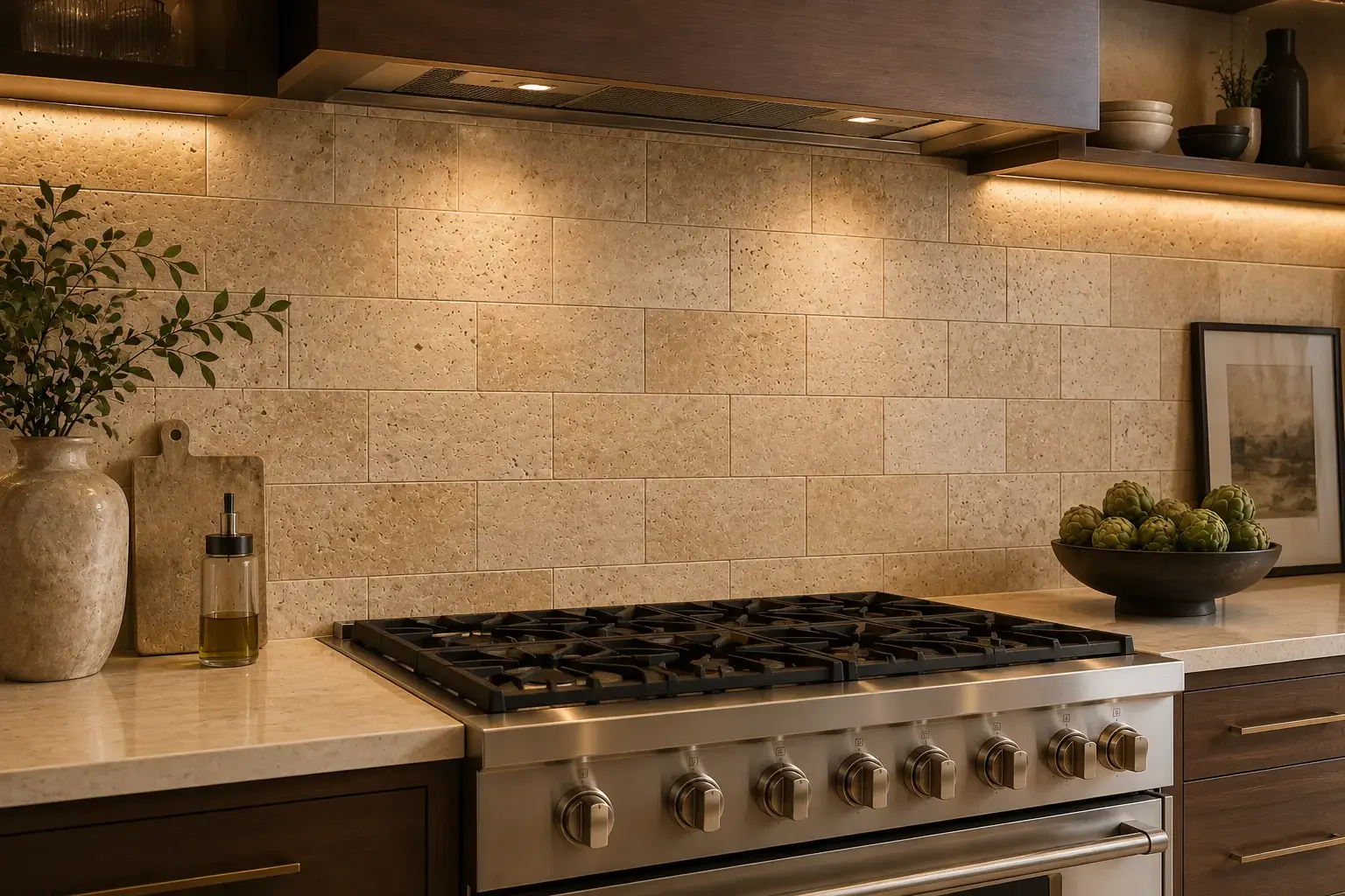 Conceptual rendering of modern kitchen with beige travertine tile backsplash and warm lighting at South Lake Tahoe, CA