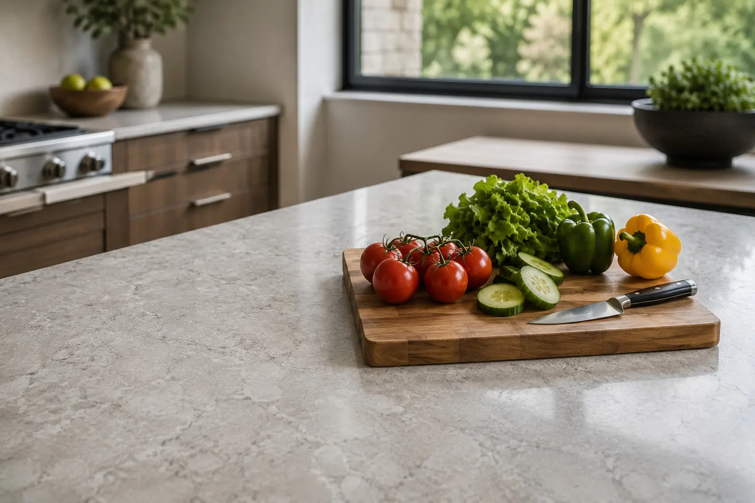 Conceptual rendering of food preparation on a sintered stone kitchen island countertop