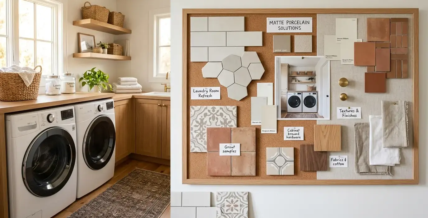 Conceptual rendering of a laundry room tile ideas mood board with matte porcelain flooring.