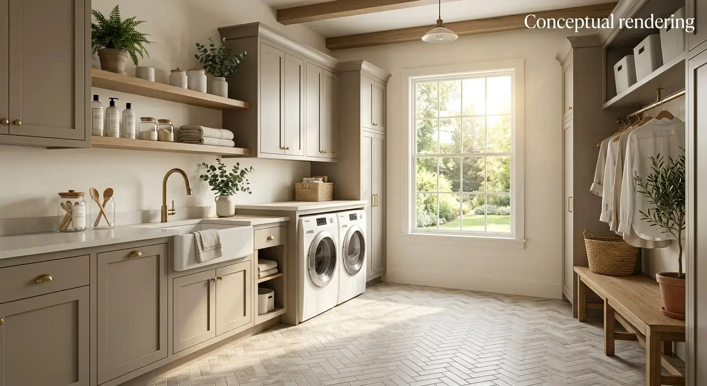 Conceptual rendering of a laundry room with coordinated tile flooring and cabinetry tones.
