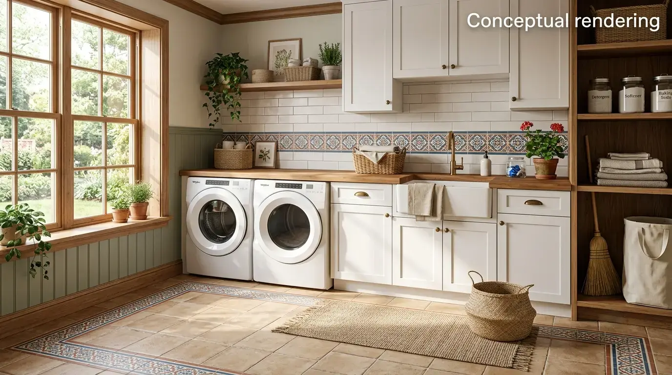 Conceptual rendering of a laundry room tile pattern featuring a decorative accent border.