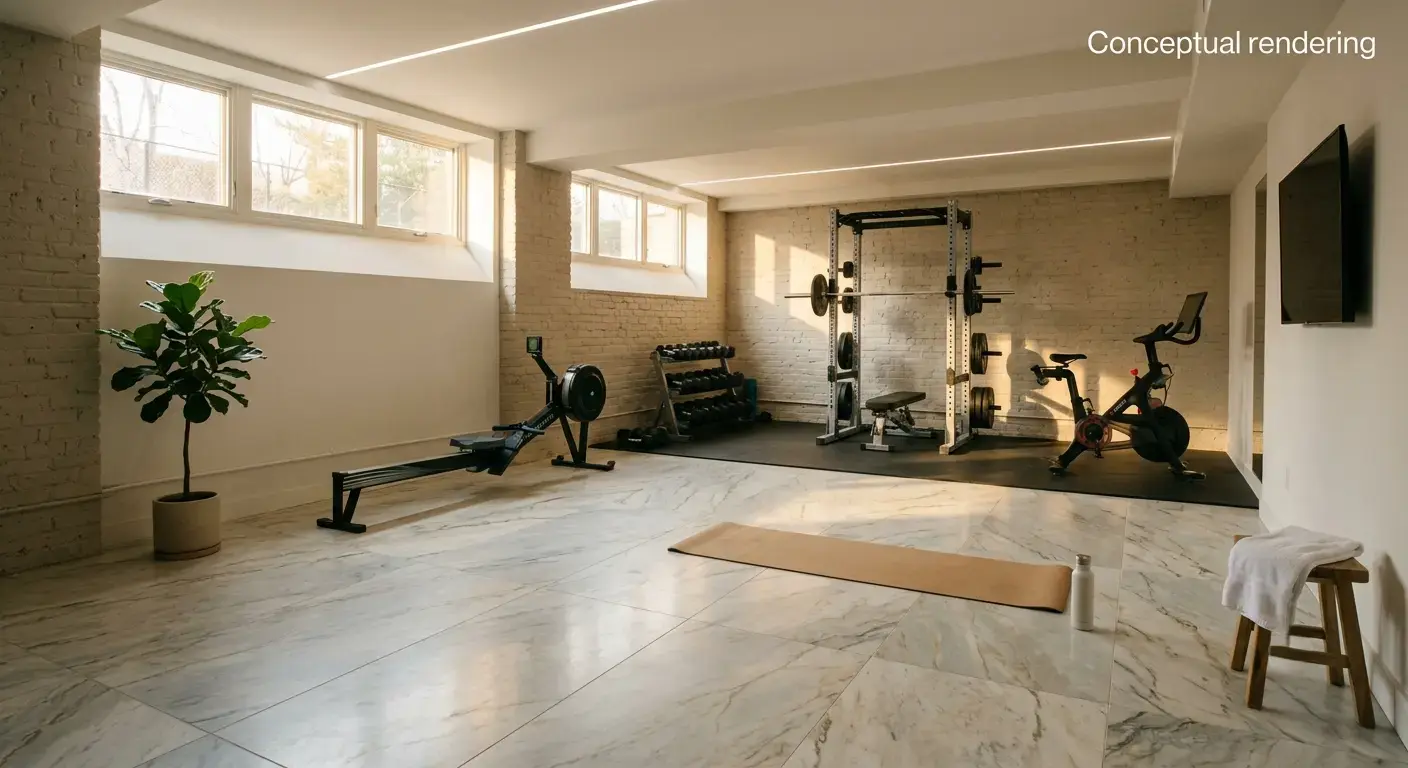 Conceptual rendering of a basement gym studio with quartzite slab flooring.