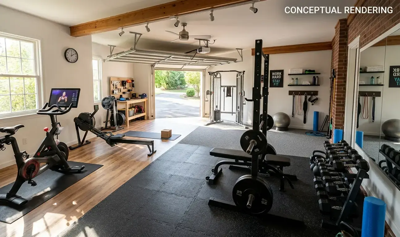 Conceptual rendering of granite slab flooring in a converted garage home gym