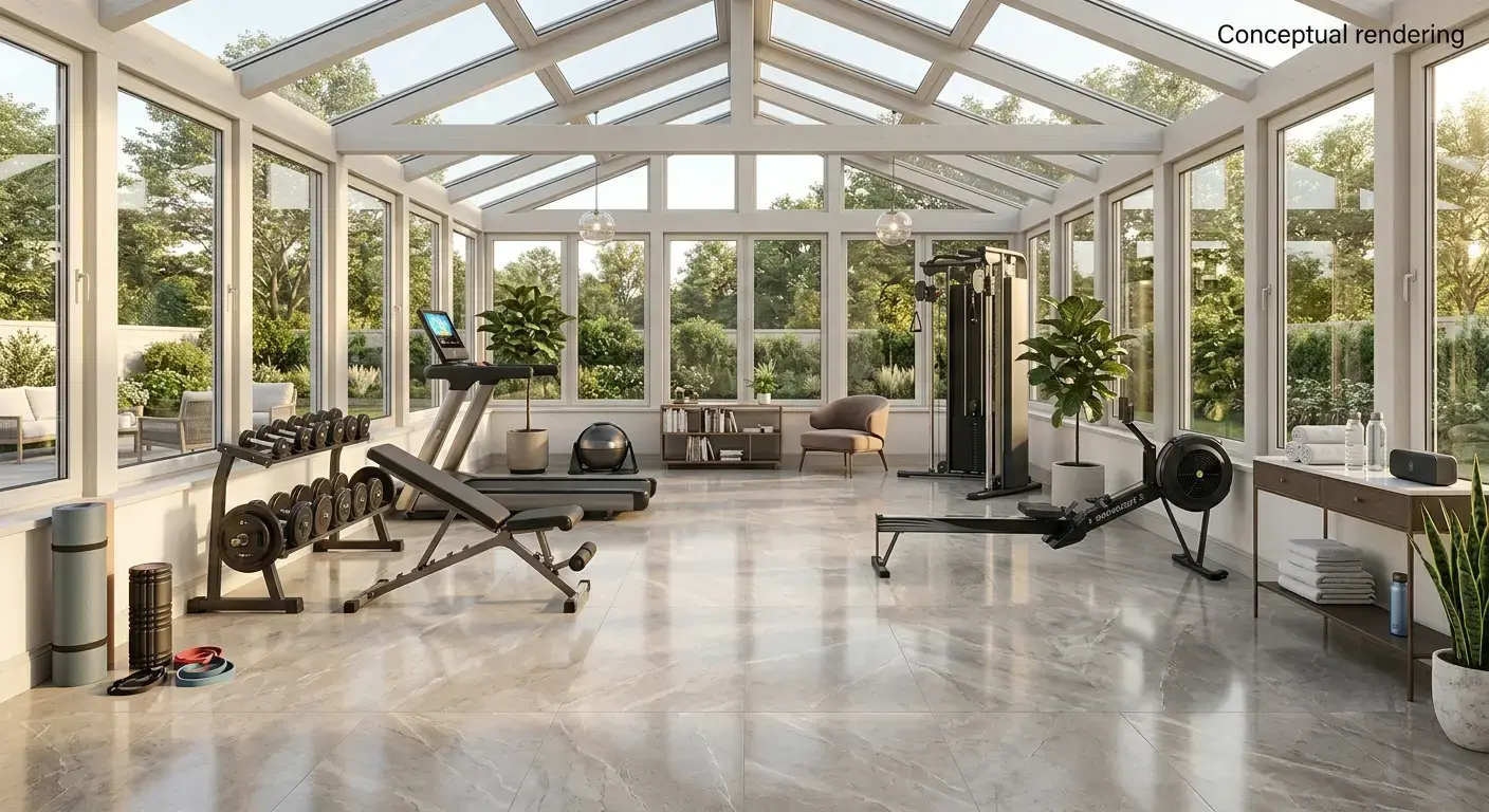 Conceptual rendering of marble slab flooring in a sunroom yoga space