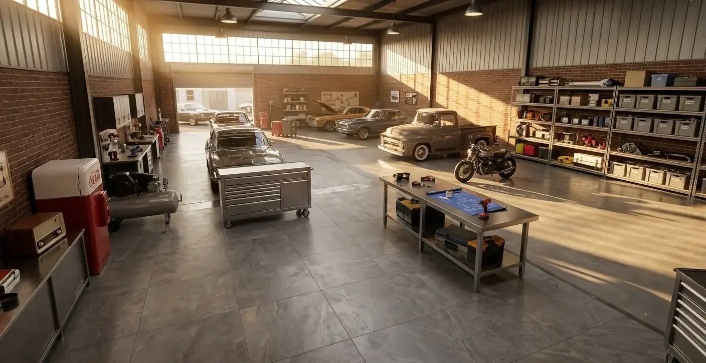 Conceptual rendering of a Fallon area workshop combining tile and slab garage and workshop flooring