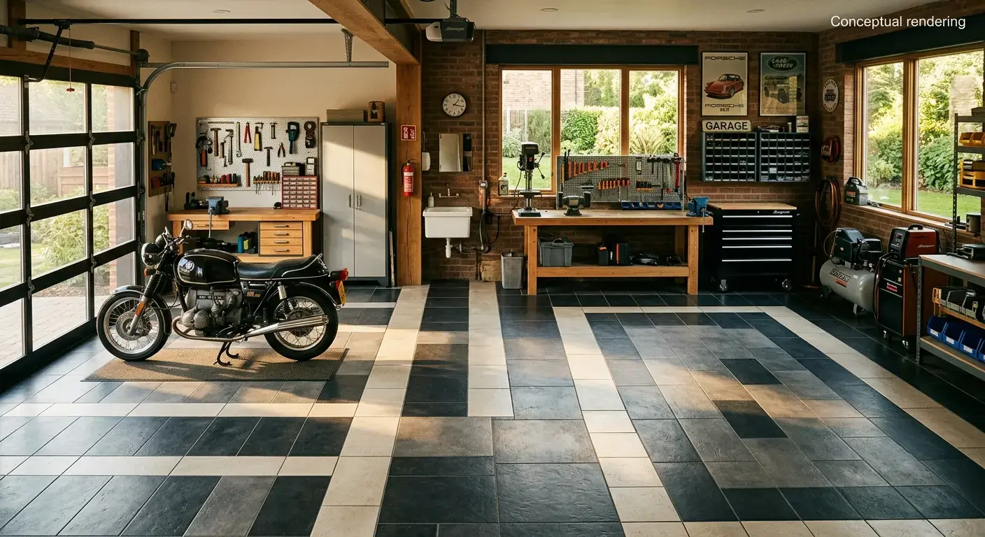 Conceptual rendering of a garage and workshop flooring layout in porcelain tile
