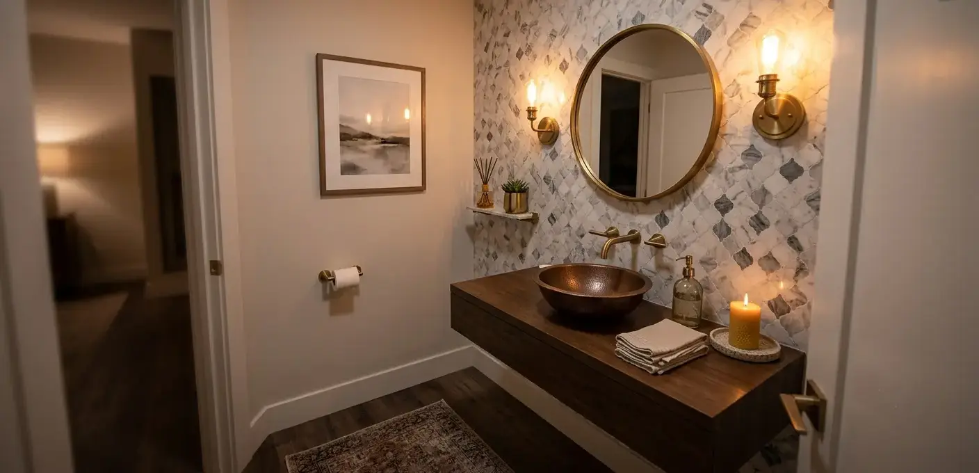 Conceptual rendering of small powder room design ideas paired with marble mosaic wall tile