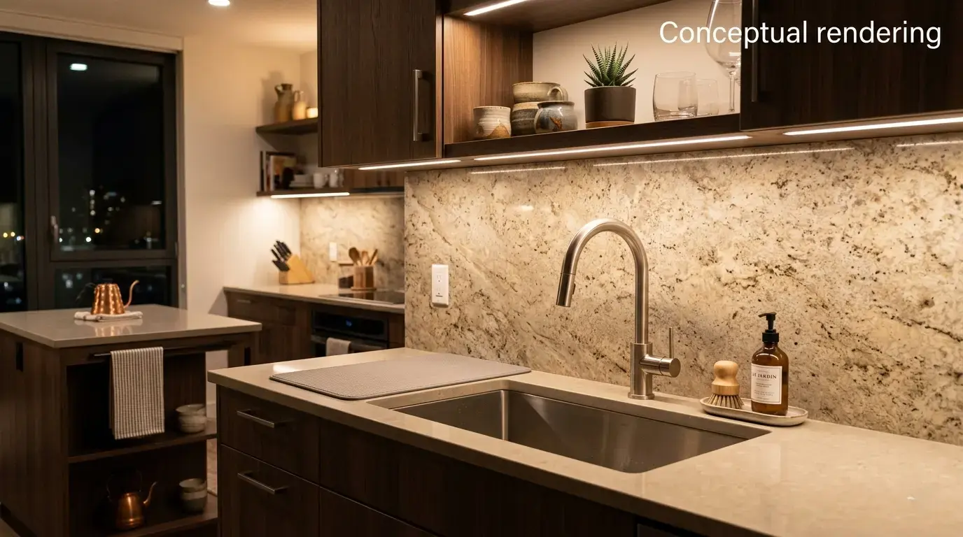 Conceptual rendering of granite slab in kitchen backsplash
