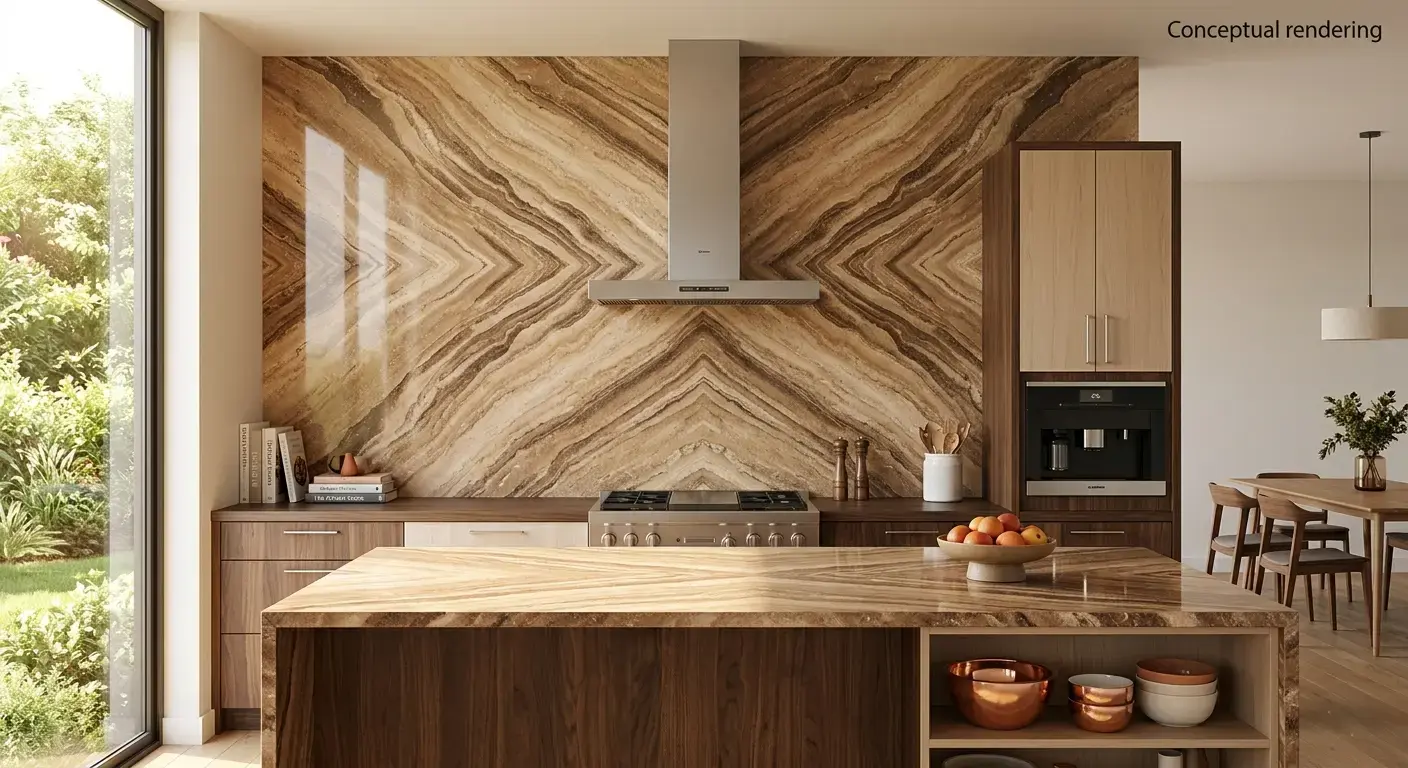 Conceptual rendering of brown travertine in kitchen backsplash