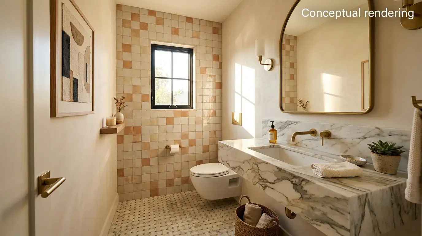 Conceptual rendering of a small powder room design ideas layout with a slab vanity top