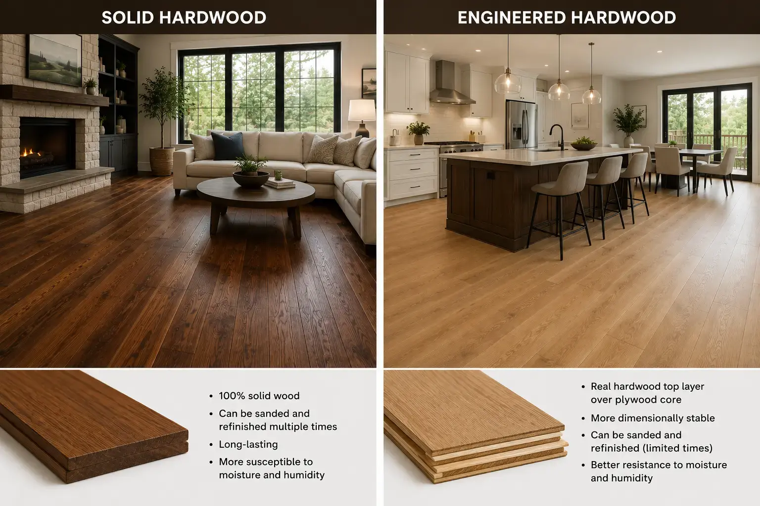 Conceptual rendering of side-by-side comparison of solid hardwood and engineered hardwood flooring