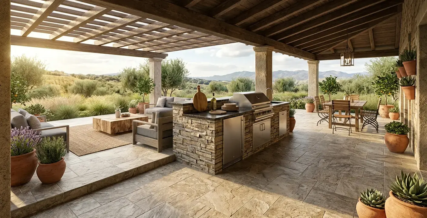 Conceptual rendering of a covered patio with natural stone look tile flooring