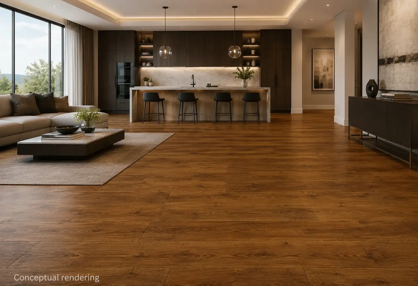 Conceptual rendering of luxury modern interior with engineered hardwood flooring in Virginia City Highlands
