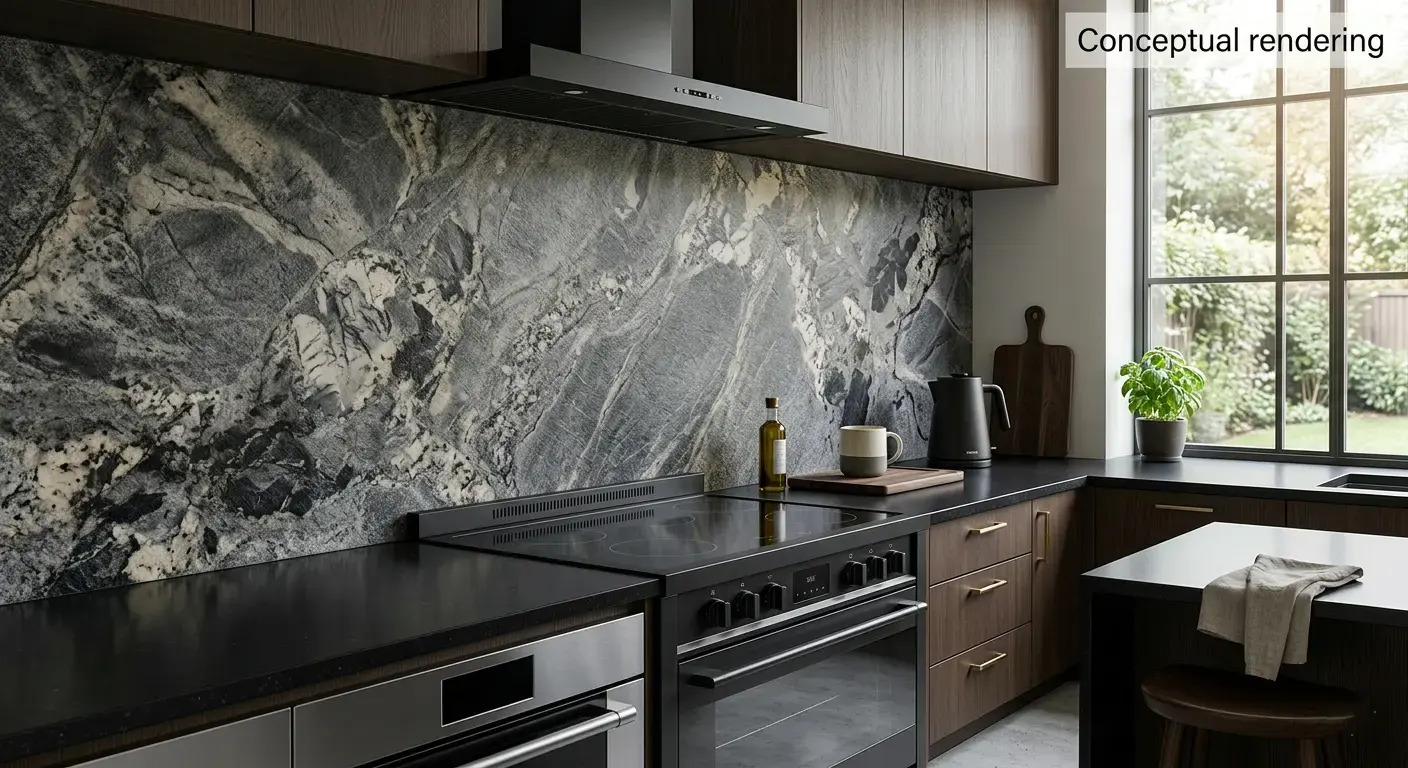 Conceptual rendering of leathered granite in kitchen