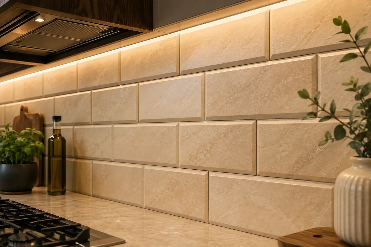 Conceptual rendering of close-up of a modern kitchen backsplash with 3D warm-toned 12x24 tiles in Kings Beach home