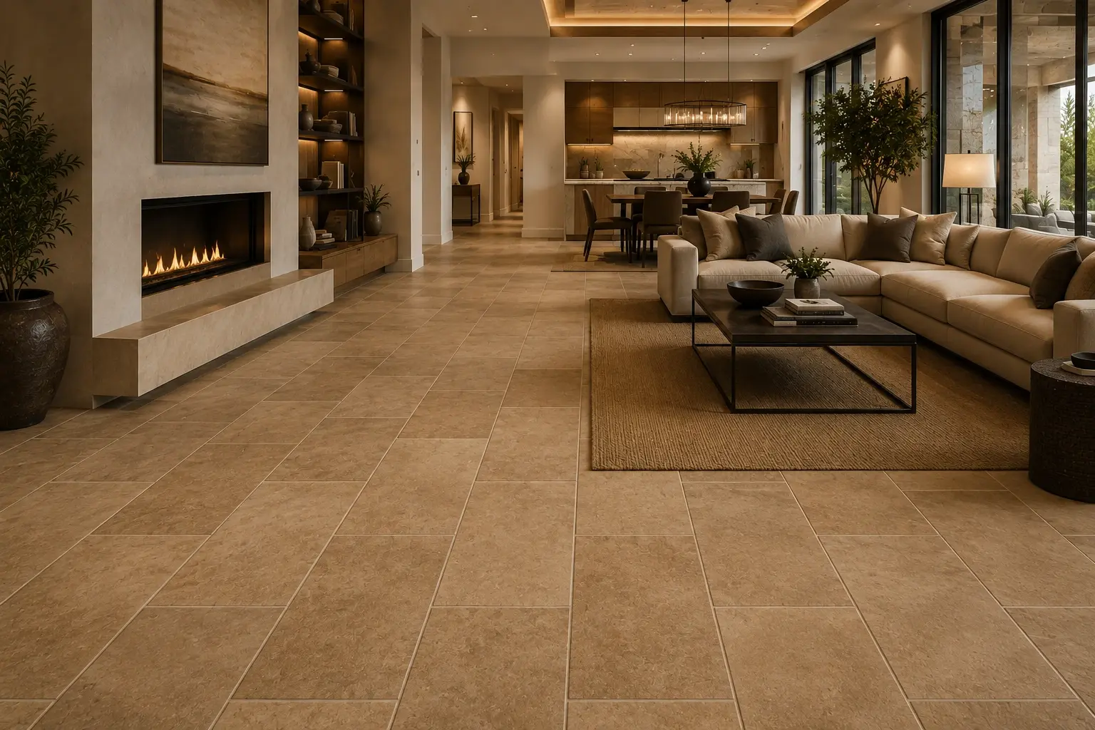 Conceptual rendering of living room in Kings Beach home with warm colored 12x24 offset pattern tile flooring
