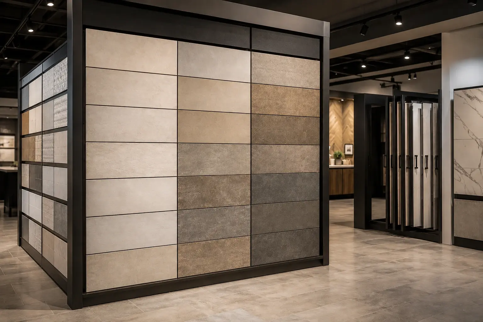 Conceptual rendering of 12x24 tile showroom display with modern large-format tile collection