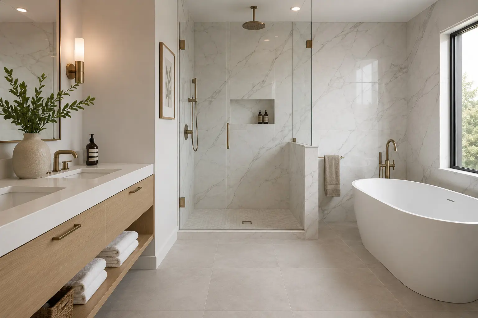 Conceptual rendering of a Porcelain floor and shower wall tile in a modern bathroom