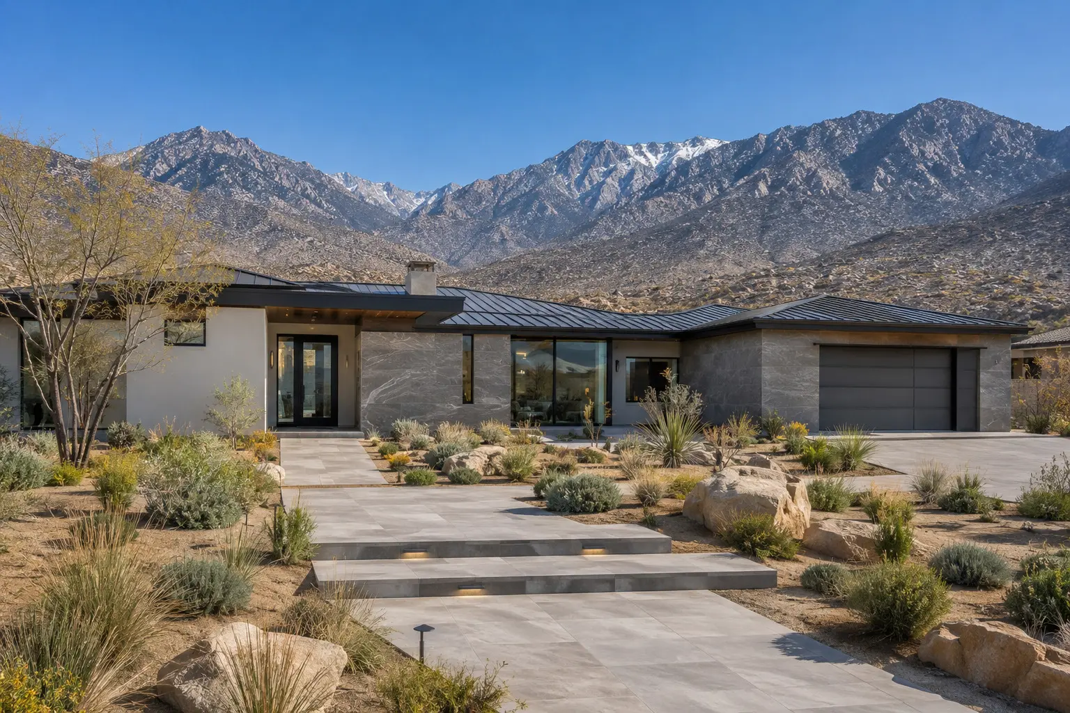 Conceptual rendering of a High desert foothill home exterior suited to porcelain tile durability