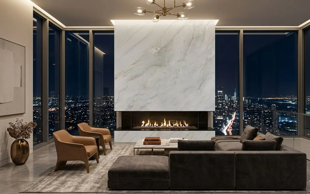 Conceptual rendering of a mont blanc quartzite fireplace surround
