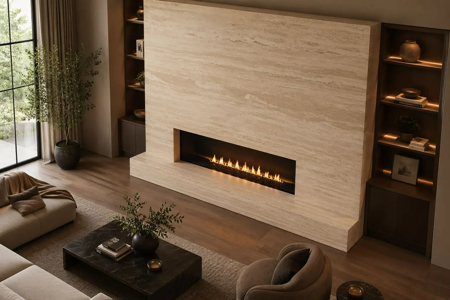 Conceptual rendering of a travertine fireplace surround
