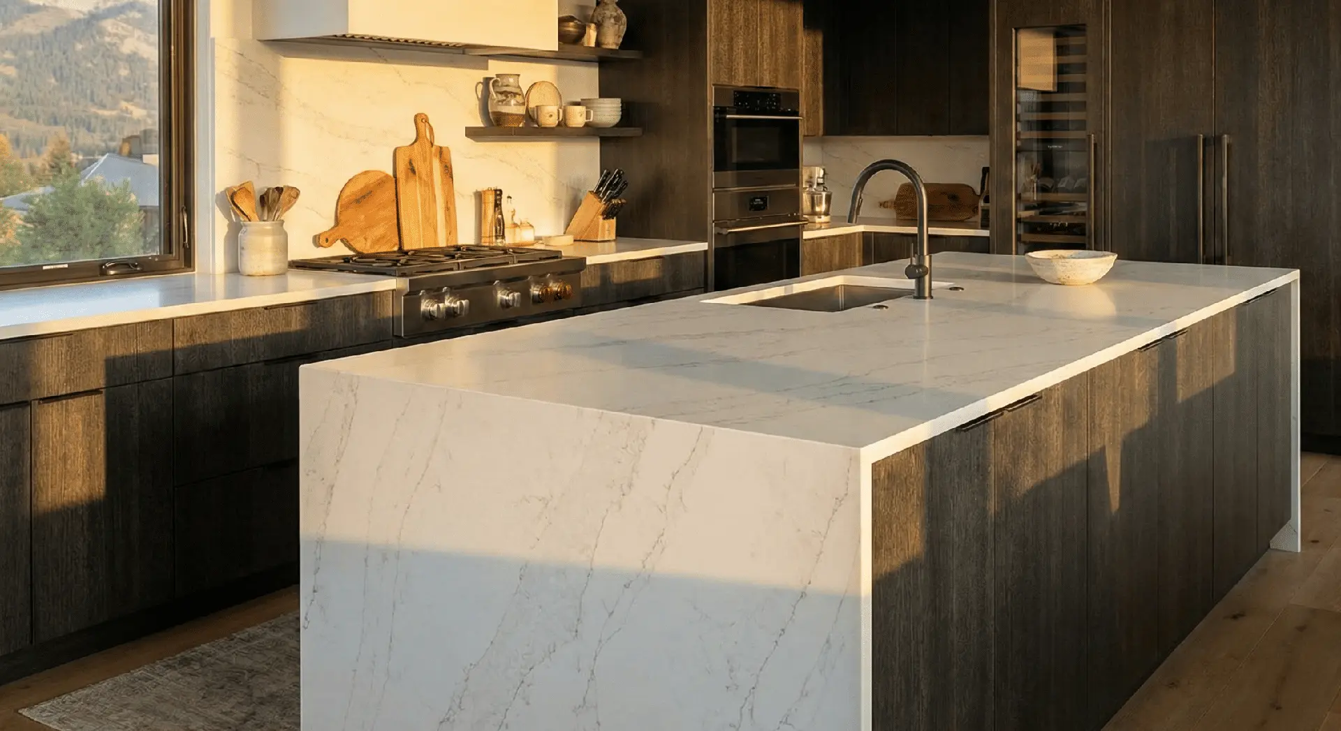 Conceptual rendering of porcelain slab in kitchen island