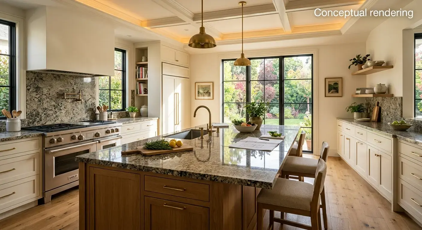 Conceptual rendering of polished granite in kitchen island