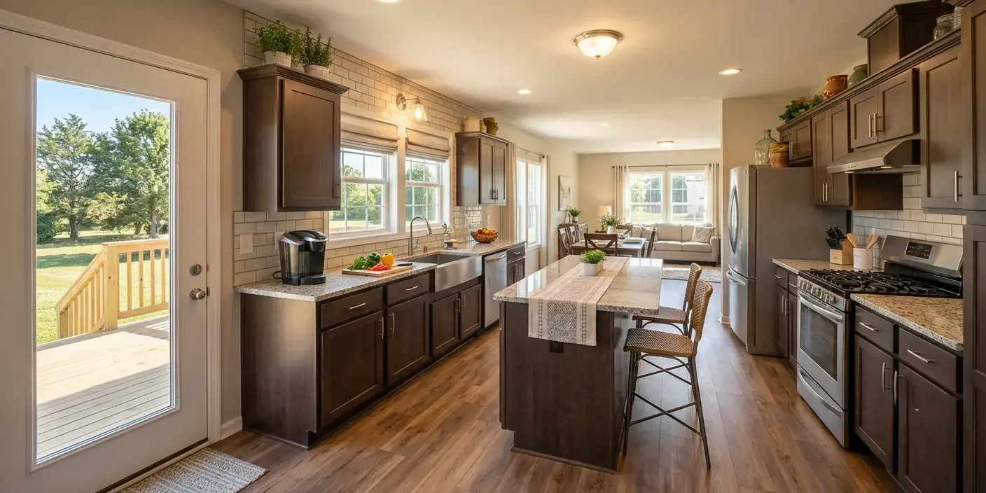 Conceptual rendering of a manufactured home kitchen with granite countertop and tile backsplash