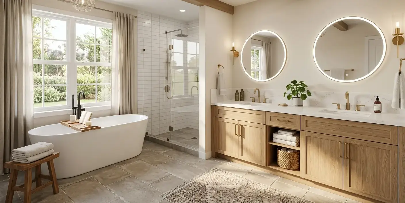 Conceptual rendering of a manufactured home bathroom with matte tile flooring and quartz vanity top