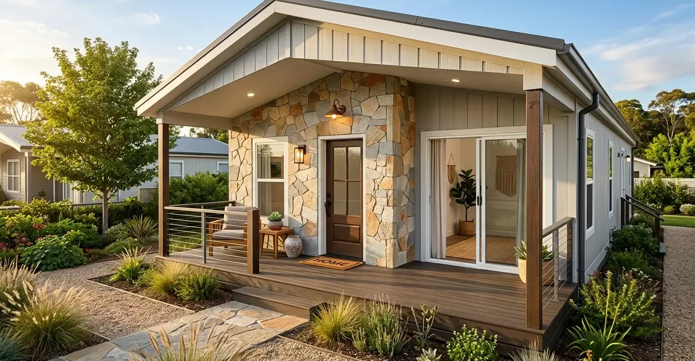 Conceptual rendering of a manufactured home's exterior accent wall using quartzite stone panels