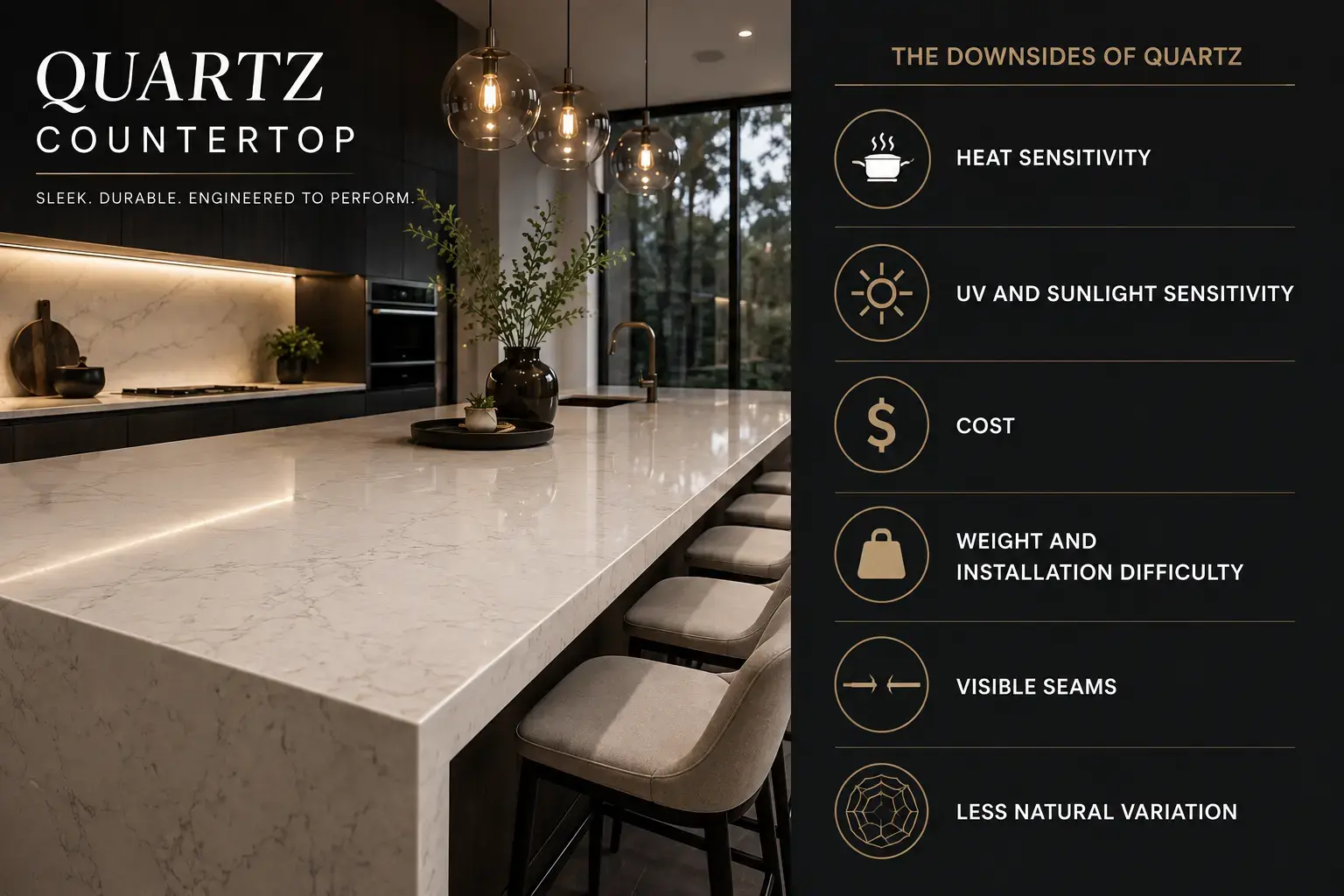 Conceptual rendering of quartz countertop infographic highlighting the key downsides of engineered quartz