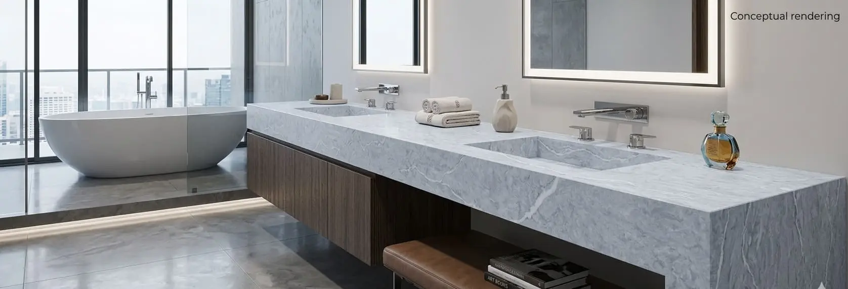 Conceptual rendering of luxury bathroom with seamless quartz bathroom countertops and a modern vanity design in Reno, NV