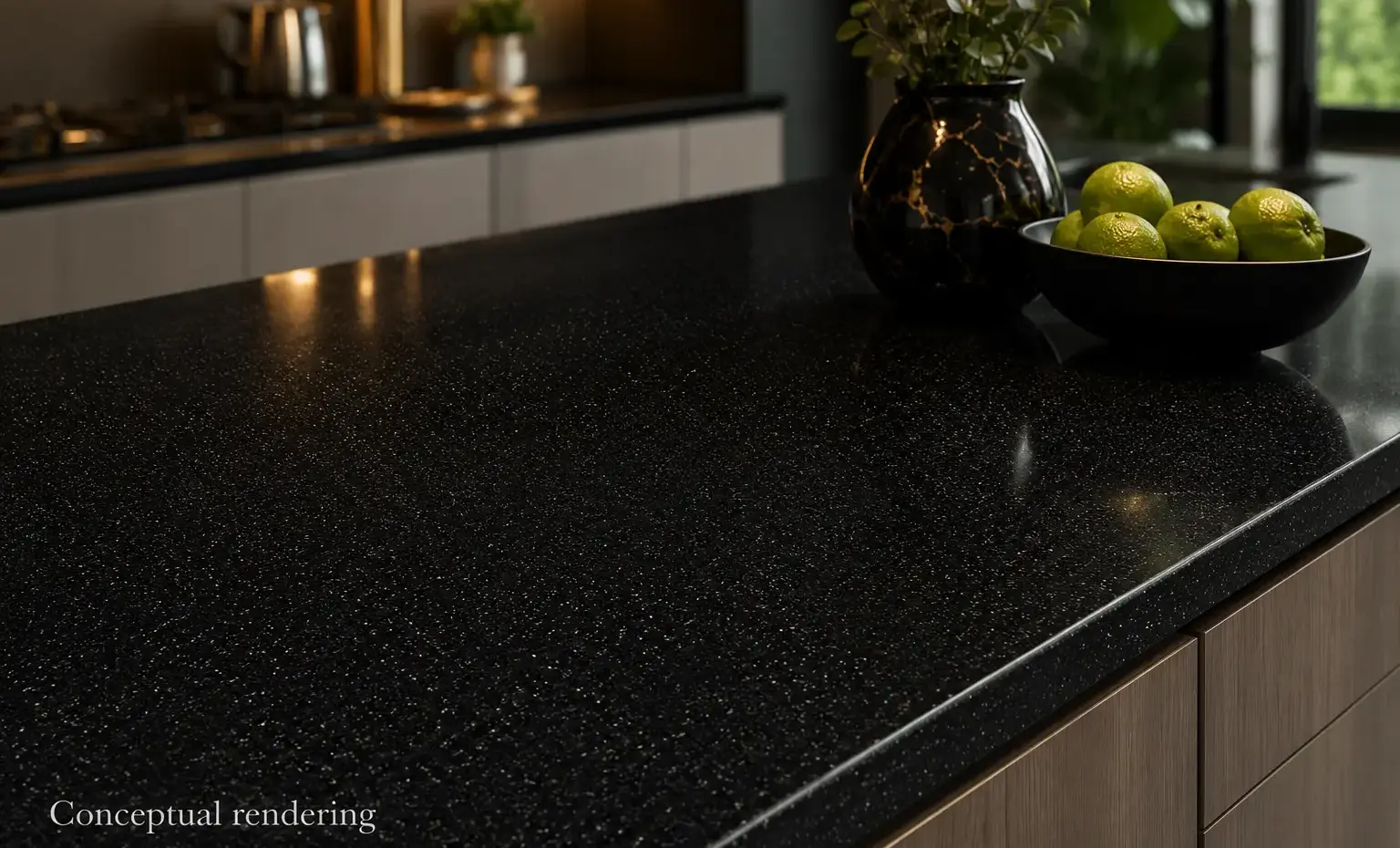 Conceptual rendering of luxury modern kitchen in Reno home with a black quartz countertop