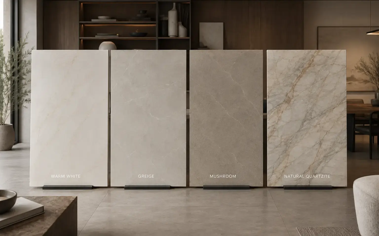 Conceptual rendering of slab collection in warm white, greige, mushroom, and natural quartzite with soft organic veining