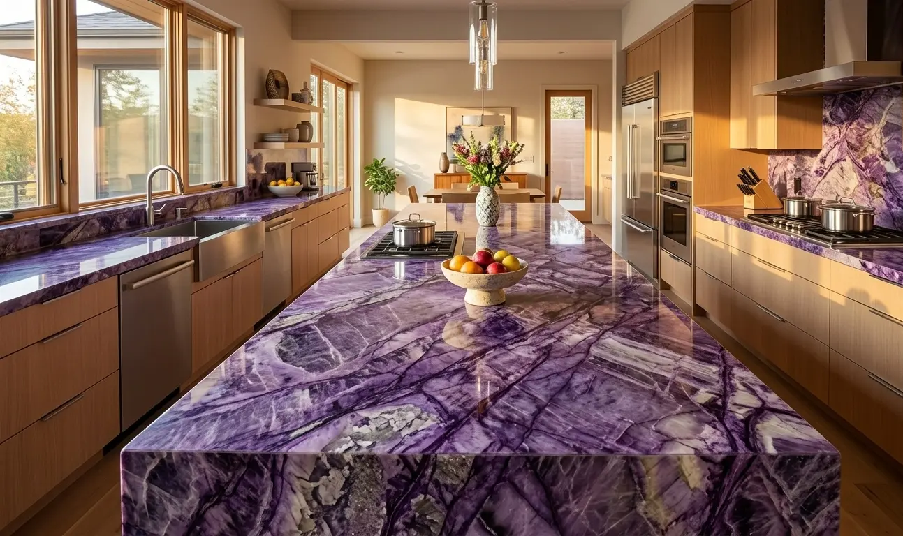 Conceptual rendering of polished purple quartzite slab with deep violet veining