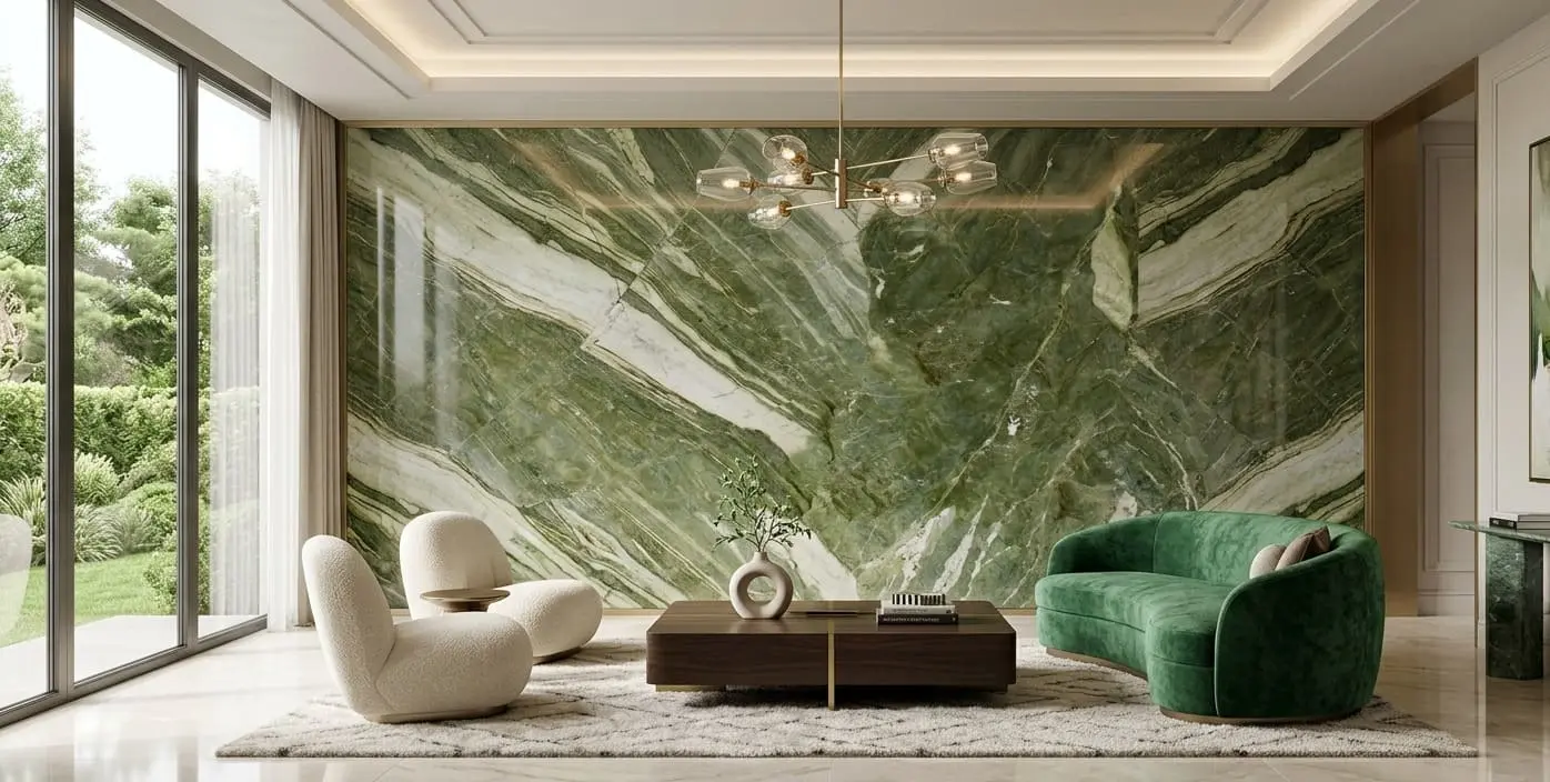 Conceptual rendering of green quartzite accent wall in living room