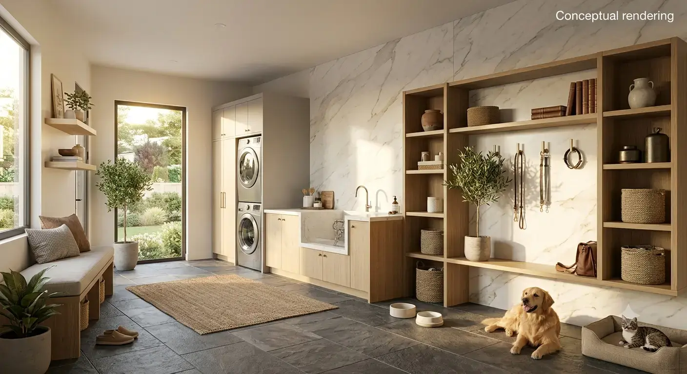 Conceptual rendering of a honed marble slab accent wall paired with a durable stone floor for pets