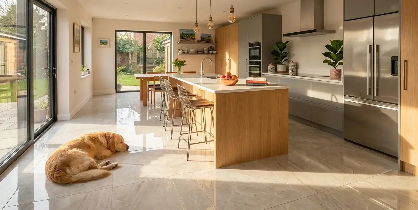 Conceptual rendering of a polished porcelain slab floor in a family kitchen with a dog resting nearby